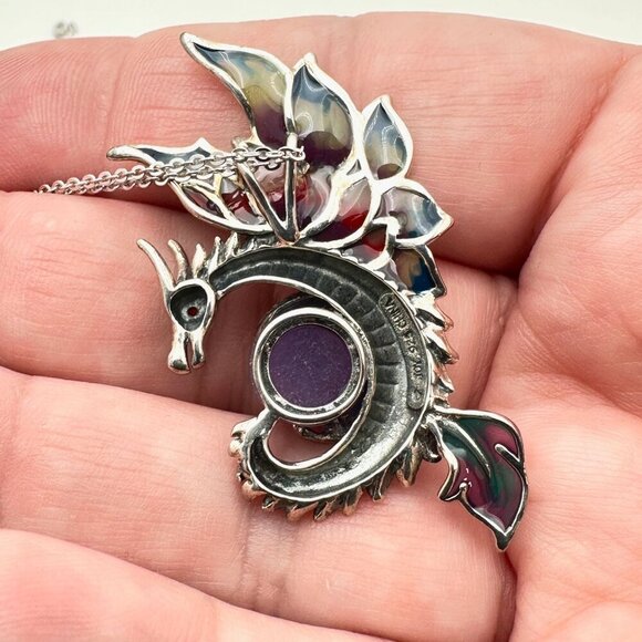 Jade of Yesteryear Womens Necklace Sterling Purple Jade Dragon Plique a Jour - Picture 4 of 5